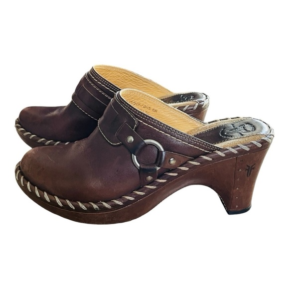 FRYE Charlotte Leather Whipstitch Mule Platform Heeled Clog Shoe | Size 6 - Picture 1 of 16